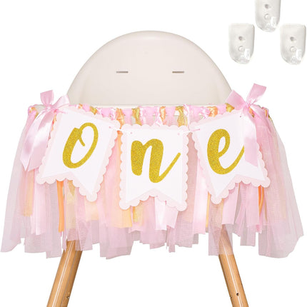1st Highchair Banner Birthday Girl - NO DIY First Birthday Highchair Banner Pink One Year Old Birthdays Party Decoration 1st Highchair Garland Decoration for Princess Fairy Baby Photo Prop Party Decor.