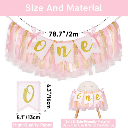 1st Highchair Banner Birthday Girl - NO DIY First Birthday Highchair Banner Pink One Year Old Birthdays Party Decoration 1st Highchair Garland Decoration for Princess Fairy Baby Photo Prop Party Decor.