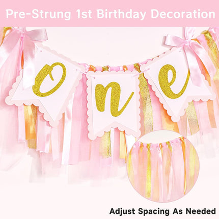 1st Highchair Banner Birthday Girl - NO DIY First Birthday Highchair Banner Pink One Year Old Birthdays Party Decoration 1st Highchair Garland Decoration for Princess Fairy Baby Photo Prop Party Decor.