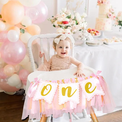 1st Highchair Banner Birthday Girl - NO DIY First Birthday Highchair Banner Pink One Year Old Birthdays Party Decoration 1st Highchair Garland Decoration for Princess Fairy Baby Photo Prop Party Decor.