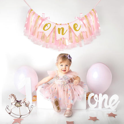 1st Highchair Banner Birthday Girl - NO DIY First Birthday Highchair Banner Pink One Year Old Birthdays Party Decoration 1st Highchair Garland Decoration for Princess Fairy Baby Photo Prop Party Decor.
