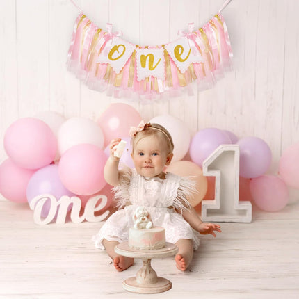 1st Highchair Banner Birthday Girl - NO DIY First Birthday Highchair Banner Pink One Year Old Birthdays Party Decoration 1st Highchair Garland Decoration for Princess Fairy Baby Photo Prop Party Decor.