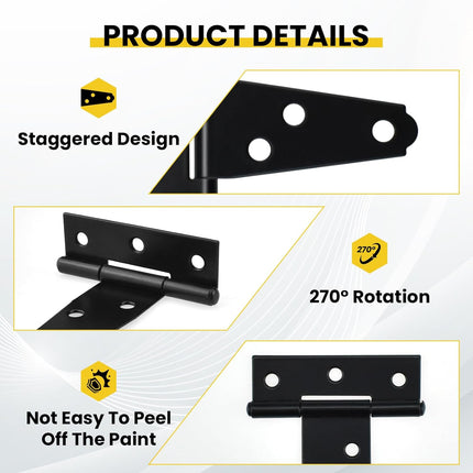 8 Pcs T Strap Gate Hinges, Heavy Duty 2 inch Barn Door Hinges, Black Tee Shed Hinge with Mounting Screws for Barn Door, Shed or Wooden Fences.