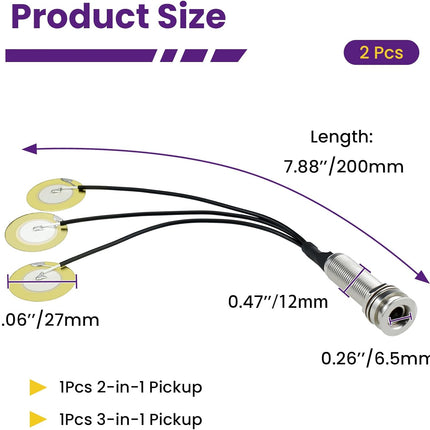 2 Pcs Piezo Pickups Transducer | 3-in-1 & 2-in-1 Pickup Combo | Self-Adhesive Piezo System | Acoustic Guitar, Violin, Ukulele & Cello.