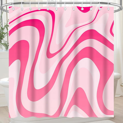 Pink Shower Curtain for Bathroom Cute Wavy Swirl 70S Abstract Retro Vintage Preppy Aesthetic Fabric Waterproof Bathroom Shower Curtains Set with Hooks 72x72 Inch.