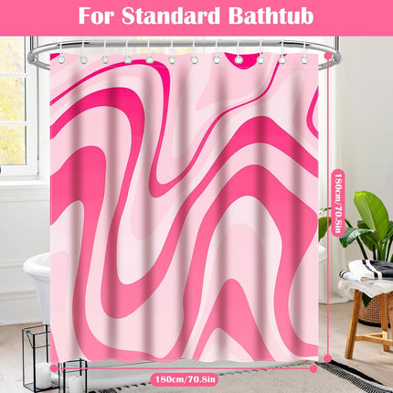 Pink Shower Curtain for Bathroom Cute Wavy Swirl 70S Abstract Retro Vintage Preppy Aesthetic Fabric Waterproof Bathroom Shower Curtains Set with Hooks 72x72 Inch.