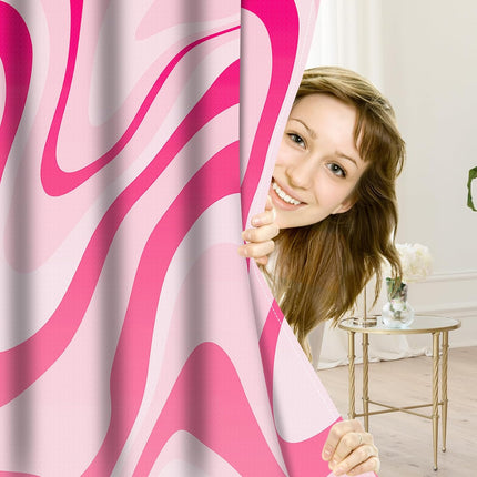 Pink Shower Curtain for Bathroom Cute Wavy Swirl 70S Abstract Retro Vintage Preppy Aesthetic Fabric Waterproof Bathroom Shower Curtains Set with Hooks 72x72 Inch.