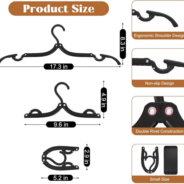 12 Pcs Portable Travel Hangers for Cruise Ship Essentials 2026, Plastic Folding Foldable Hangers Clothes Drying Rack Travel Accessories for Suitcase, RV, Camping, Flying, Hotel, Road Trip (Black).