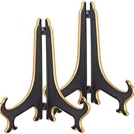 8 Inch Plate Display Stand - Adjustable Easel Holder for Decorative Plates, Pictures, Cookbooks - Black Gold Tabletop Stands with Foldable Design - 2 Pack.