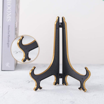 8 Inch Plate Display Stand - Adjustable Easel Holder for Decorative Plates, Pictures, Cookbooks - Black Gold Tabletop Stands with Foldable Design - 2 Pack.