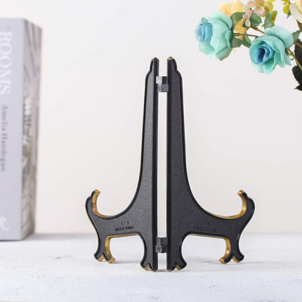 8 Inch Plate Display Stand - Adjustable Easel Holder for Decorative Plates, Pictures, Cookbooks - Black Gold Tabletop Stands with Foldable Design - 2 Pack.