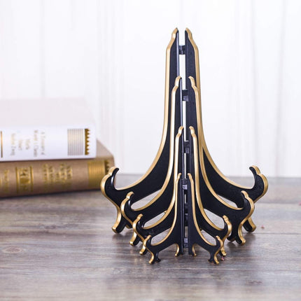 8 Inch Plate Display Stand - Adjustable Easel Holder for Decorative Plates, Pictures, Cookbooks - Black Gold Tabletop Stands with Foldable Design - 2 Pack.