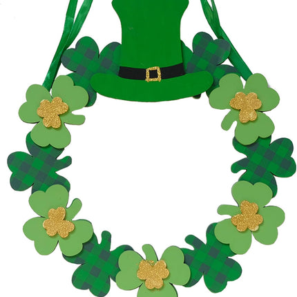 12 Inch St Patricks Day Shamrock Wood Hanging Welcome Sign Wreath for Front Door, Saint Patricks Lucky Shamrock Wood Sign with Gold Glitter and Plaid for Indoor Outdoor.
