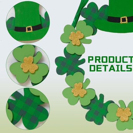 12 Inch St Patricks Day Shamrock Wood Hanging Welcome Sign Wreath for Front Door, Saint Patricks Lucky Shamrock Wood Sign with Gold Glitter and Plaid for Indoor Outdoor.