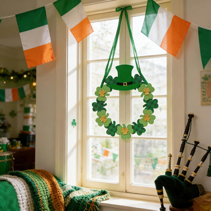 12 Inch St Patricks Day Shamrock Wood Hanging Welcome Sign Wreath for Front Door, Saint Patricks Lucky Shamrock Wood Sign with Gold Glitter and Plaid for Indoor Outdoor.