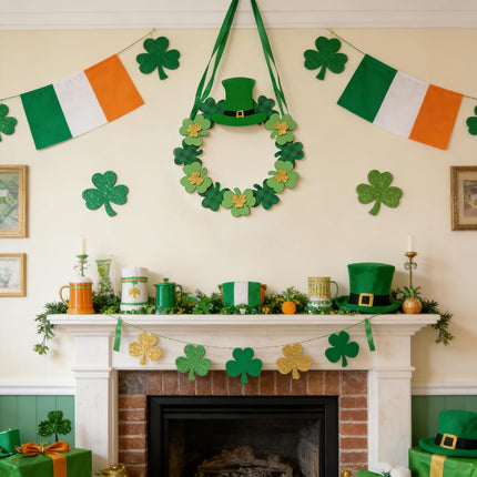 12 Inch St Patricks Day Shamrock Wood Hanging Welcome Sign Wreath for Front Door, Saint Patricks Lucky Shamrock Wood Sign with Gold Glitter and Plaid for Indoor Outdoor.