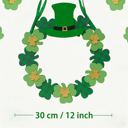12 Inch St Patricks Day Shamrock Wood Hanging Welcome Sign Wreath for Front Door, Saint Patricks Lucky Shamrock Wood Sign with Gold Glitter and Plaid for Indoor Outdoor.
