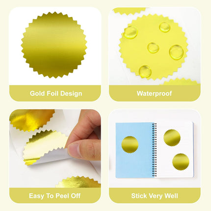Embossing Stickers 300Pcs 2'' Gold Foil Seals Stickers for Certificates Self Adhesive Envelope Seal Label Sticker with Serrated Edge Blank Embosser Stamp Sticker for Book Invitation Notary Seal.