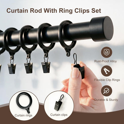 Curtains Rods for Windows 1 Inch Thick Heavy Duty Metal Curtain Rod with Curtain Rings with Clips Sets for Bedroom Living Room Decorative Single Drapery Pole Set, Black, 48 in.