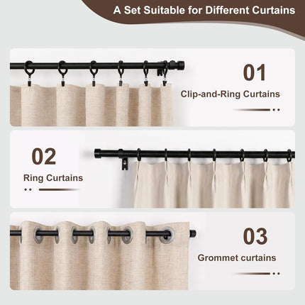 Curtains Rods for Windows 1 Inch Thick Heavy Duty Metal Curtain Rod with Curtain Rings with Clips Sets for Bedroom Living Room Decorative Single Drapery Pole Set, Black, 48 in.