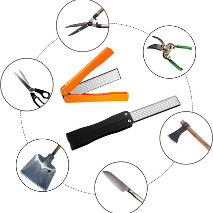 2 Pack Garden Tool Sharpener, Folding Pocket Diamond Knife Sharpener 400/600 Grit Double-Sided Scissor, Pruners, Loppers or Blade Sharpening Stone for Garden Outdoor Camping Kitchen.