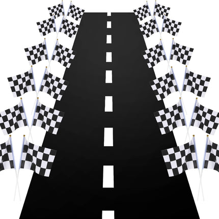 Race Car Party Decorations Racetrack Floor Runner 13 ft Road Track with 12 Checkered Racing Flags Birthday Party Supplies Racing Theme Entrance Decoration.