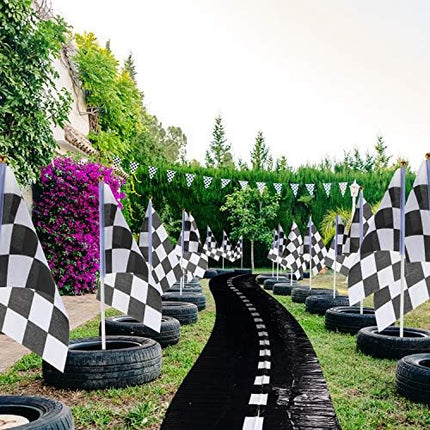 Race Car Party Decorations Racetrack Floor Runner 13 ft Road Track with 12 Checkered Racing Flags Birthday Party Supplies Racing Theme Entrance Decoration.