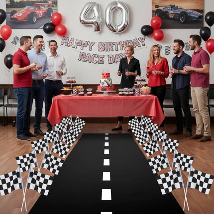 Race Car Party Decorations Racetrack Floor Runner 13 ft Road Track with 12 Checkered Racing Flags Birthday Party Supplies Racing Theme Entrance Decoration.