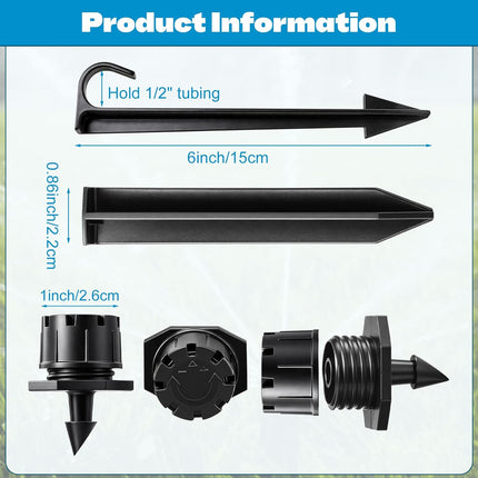 30 Pack 1/2 Inch Irrigation Tubing Hold Down Anchor Stakes, 0.87 x 4.33 Inch Drip Tubing Stakes with 50 Pcs 1/4" Adjustable Irrigation Drippers Sprinklers for Garden Patio Lawn Hoses(Black).