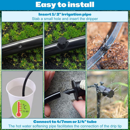 30 Pack 1/2 Inch Irrigation Tubing Hold Down Anchor Stakes, 0.87 x 4.33 Inch Drip Tubing Stakes with 50 Pcs 1/4" Adjustable Irrigation Drippers Sprinklers for Garden Patio Lawn Hoses(Black).