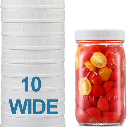[10 Pack] WIDE Mouth Mason Jar Lids for Ball, Kerr and More - White Plastic Storage Caps for Mason/Canning Jars - Leak-Proof, Dishwasher Safe & Food Grade.