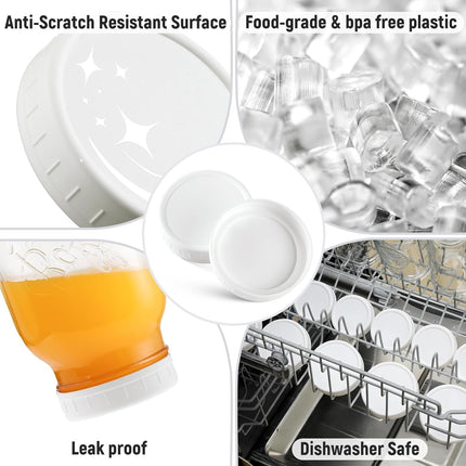 [10 Pack] WIDE Mouth Mason Jar Lids for Ball, Kerr and More - White Plastic Storage Caps for Mason/Canning Jars - Leak-Proof, Dishwasher Safe & Food Grade.
