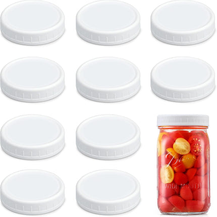 [10 Pack] WIDE Mouth Mason Jar Lids for Ball, Kerr and More - White Plastic Storage Caps for Mason/Canning Jars - Leak-Proof, Dishwasher Safe & Food Grade.