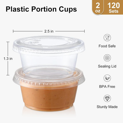 120 Sets - 2 oz Jello Shot Cups with Lids, Airtight Portion Cups, Stackable Small Plastic Containers with Lids.