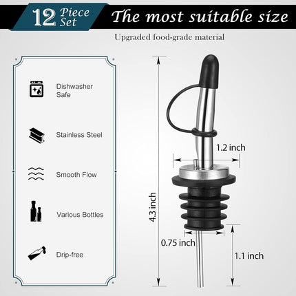 12 Pack Liquor Pour Spout, Stainless Steel Liquor Bottle Pourers with Rubber Dust Caps for Alcohol, Olive Oil, Liquor Pourers with Dust Caps, Speed Pourers, Bar Bartender Accessories.