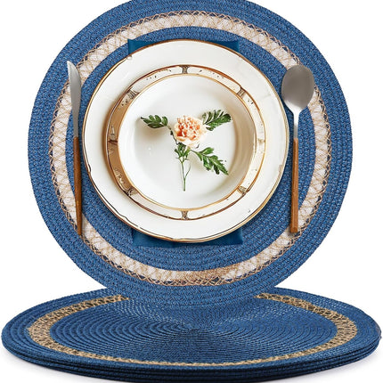 Round Paper and Jute Braided Placemats Set of 4 Non-Slip Heat Resistant Table Mats for Dining Tables Indoor & Outdoor Place mats for Daily Use (Blue4).