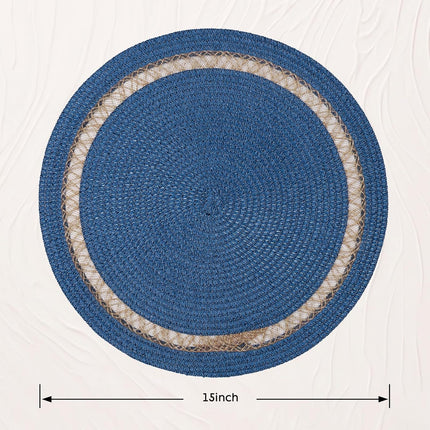 Round Paper and Jute Braided Placemats Set of 4 Non-Slip Heat Resistant Table Mats for Dining Tables Indoor & Outdoor Place mats for Daily Use (Blue4).