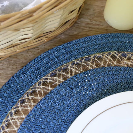 Round Paper and Jute Braided Placemats Set of 4 Non-Slip Heat Resistant Table Mats for Dining Tables Indoor & Outdoor Place mats for Daily Use (Blue4).