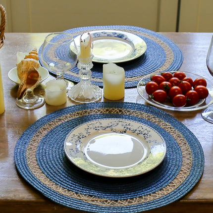 Round Paper and Jute Braided Placemats Set of 4 Non-Slip Heat Resistant Table Mats for Dining Tables Indoor & Outdoor Place mats for Daily Use (Blue4).