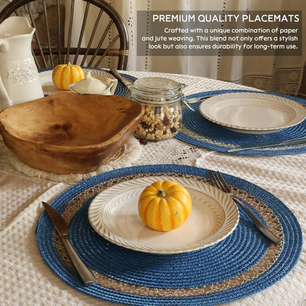 Round Paper and Jute Braided Placemats Set of 4 Non-Slip Heat Resistant Table Mats for Dining Tables Indoor & Outdoor Place mats for Daily Use (Blue4).