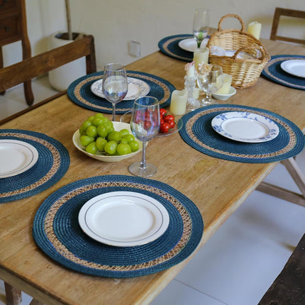 Round Paper and Jute Braided Placemats Set of 4 Non-Slip Heat Resistant Table Mats for Dining Tables Indoor & Outdoor Place mats for Daily Use (Blue4).