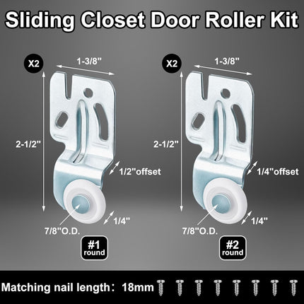 4 Pcs Sliding Closet Door Roller Kit Wardrobe Wheels Hardware for Top Hung Bypass 3/4" to 1-3/8 Inch Thick Kitchen Doors.