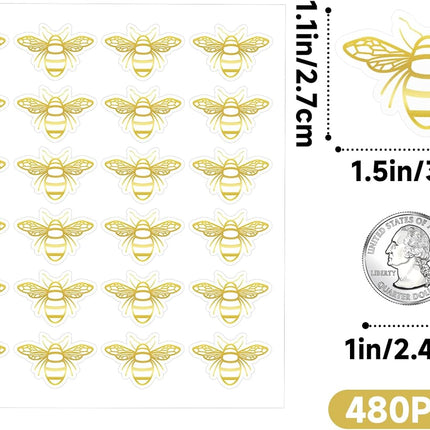 480Pcs Bee Stickers - Gold Foil Envelope Seal Label Sticker Queen Bee Decals Stickers Self Adhesive Clear Bee Spring Summer Stickers for Gift Card Craft Baby Shower Birthday Party Favors.
