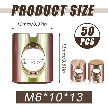 50 Pcs Metric M6 Barrel Nuts Cross Dowels Slotted Nuts Bunk Bed Replacement Hardware Headboard Hardware Kit for Baby Bed Crib Chairs Furniture M6 x 10 mm x 13 mm(Gold).