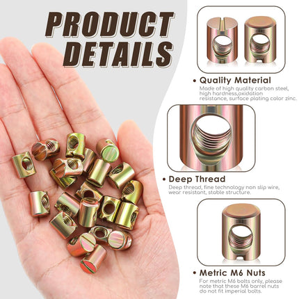 50 Pcs Metric M6 Barrel Nuts Cross Dowels Slotted Nuts Bunk Bed Replacement Hardware Headboard Hardware Kit for Baby Bed Crib Chairs Furniture M6 x 10 mm x 13 mm(Gold).