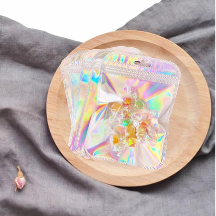 100 Pcs Holographic Resealable Packaging Bags for Small Business Supplies, Cute Small Color Smell Proof Bags Plastic Baggies for Lip Gloss Soap Party Food Storage 4x6inch.