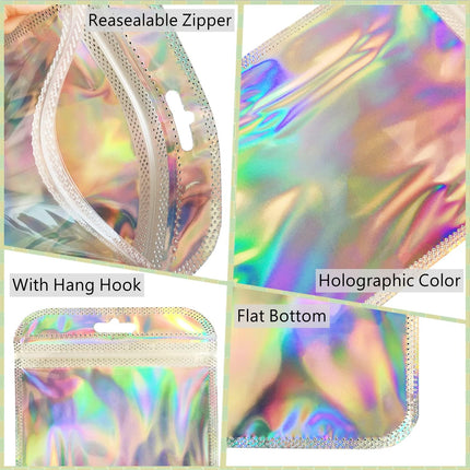 100 Pcs Holographic Resealable Packaging Bags for Small Business Supplies, Cute Small Color Smell Proof Bags Plastic Baggies for Lip Gloss Soap Party Food Storage 4x6inch.