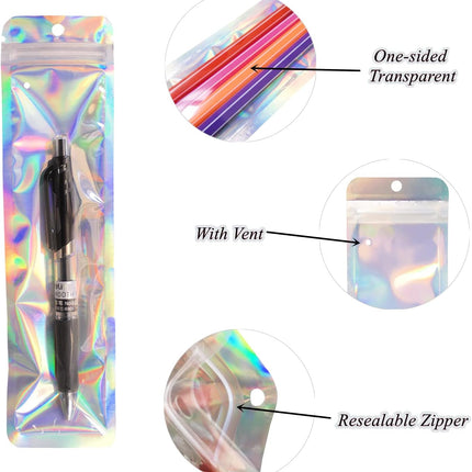100 Pack Pen Packaging Bags Packaging Holographic Bags for Small Business Jewelry,Lip Gloss,Pen, (2.4x9inch).