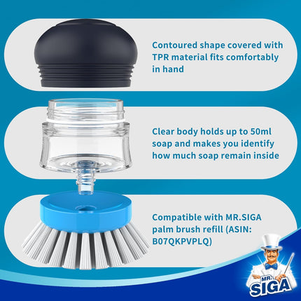 Soap Dispensing Palm Brush, Kitchen Brush for Dish Pot Pan Sink Cleaning, Pack of 1, Navy/Blue.
