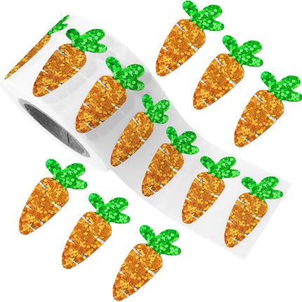 Easter Carrot Stickers - 500Pcs 1.2×0.4'' Carrot Shape Stickers Holographic Carrots Sticker Roll Self Adhesive Happy Easter Sticker for Egg Basket Envelope Seal Card Easter Party Favor Decor.